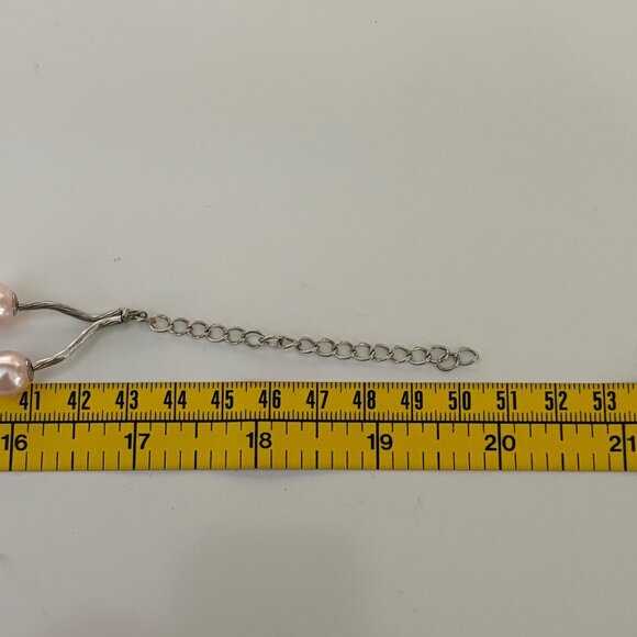 Pink Faux Pearl Silver Tone Necklace Double Strand Wavy Bar Beaded Jewelry - Picture 5 of 6